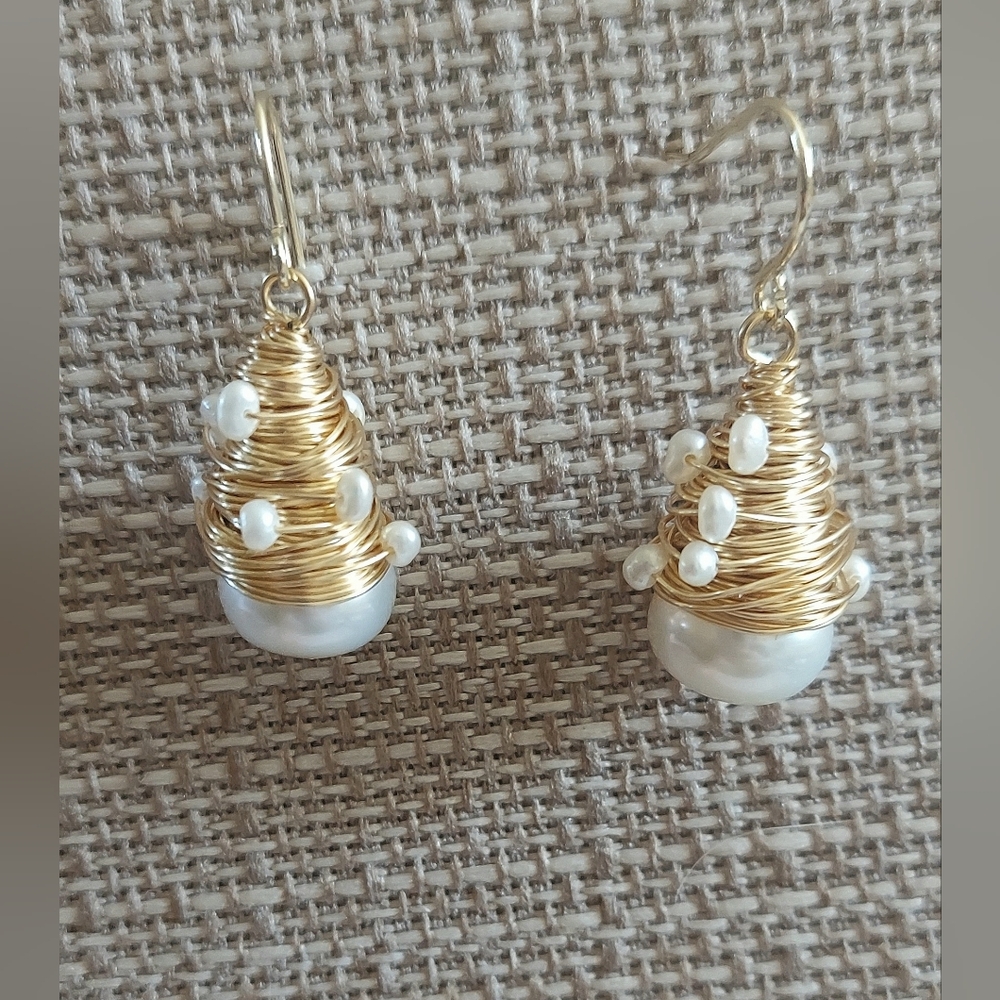 Handmade Gold Spun Metal & White Pearl Earrings